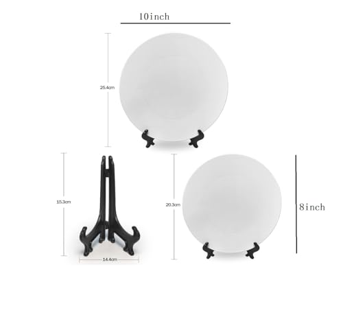 4 Pack Sublimation Blanks White Plastic Flat Plate with Stand, Diy Heat Transfer Print Plastic Dish Plates,8 inch/10 inch Round Dessert or Salad Plate For Home Decoration (8 inch)