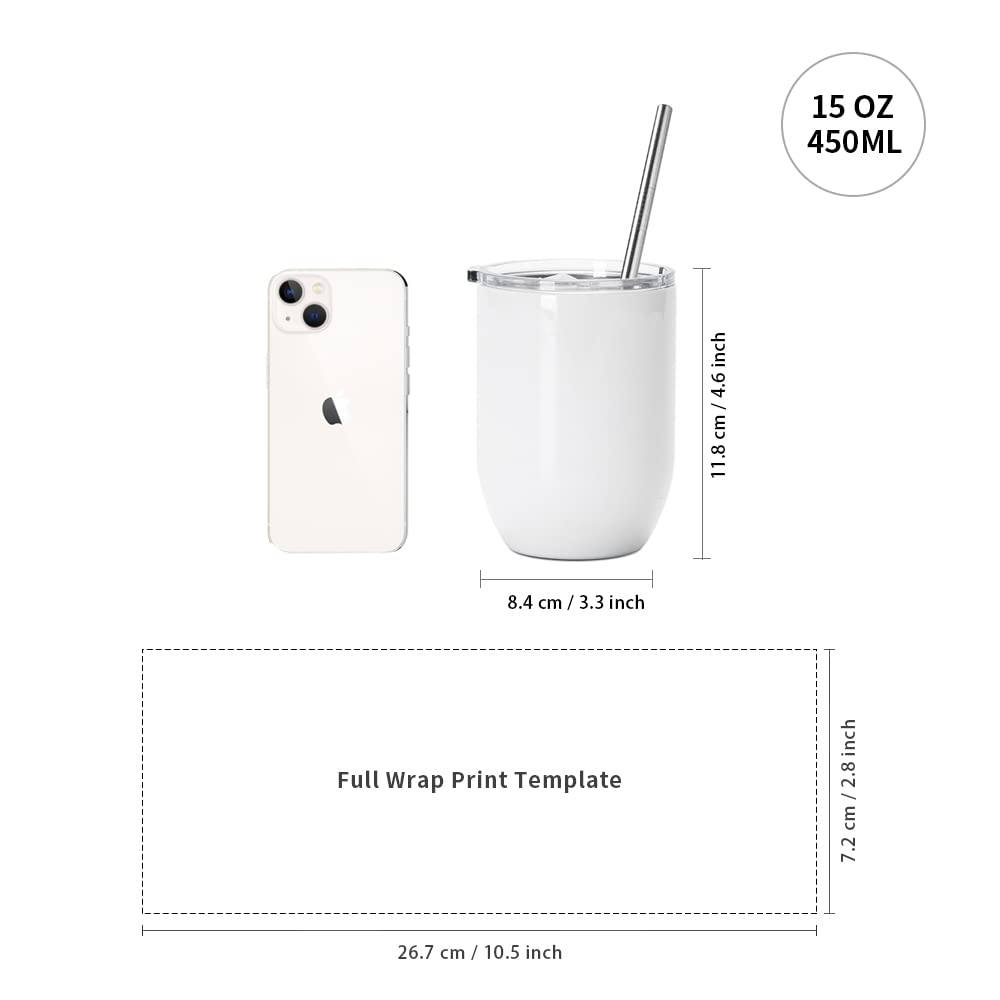 Sublimation Wine Kids Tumblers Blanks Straight Bulk 15 OZ Glossy White with Leakproof Lid and Straw Stainless Steel for Cricut Mug Press Tumbler Heat Press 6 Pack
