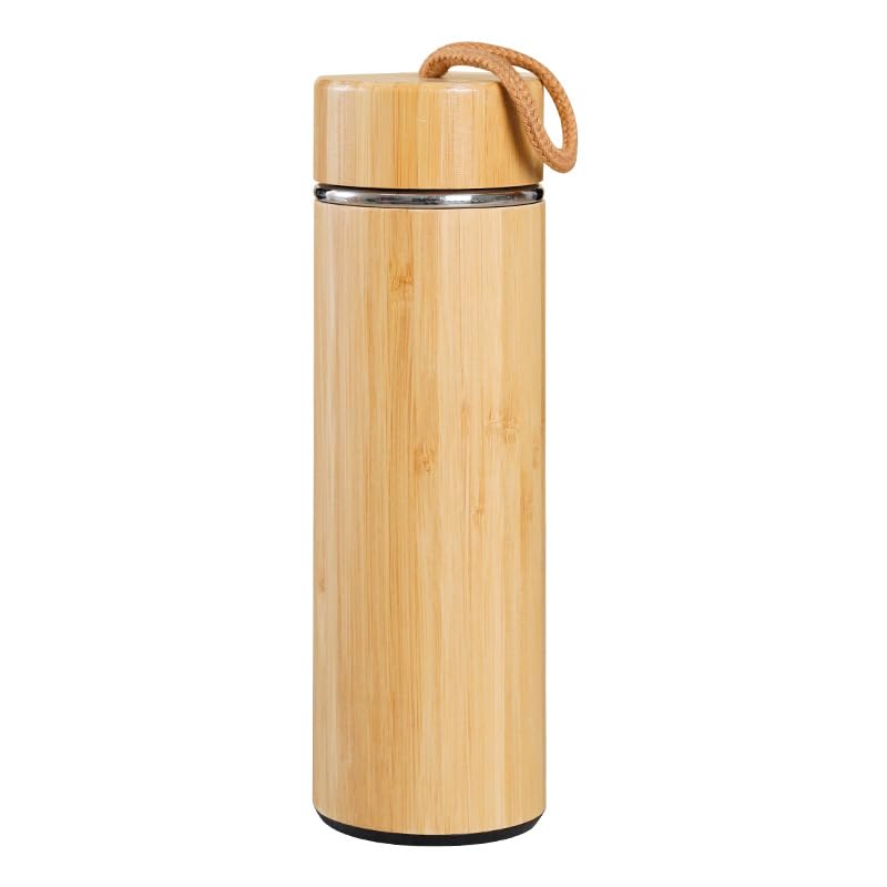 16 oz Bamboo Water Bottle with Carrying Handle, Insulated Stainless Steel Thermos Travel Mug, Double Wall Tumbler for Hot/Cold Tea, Coffee, and Juices