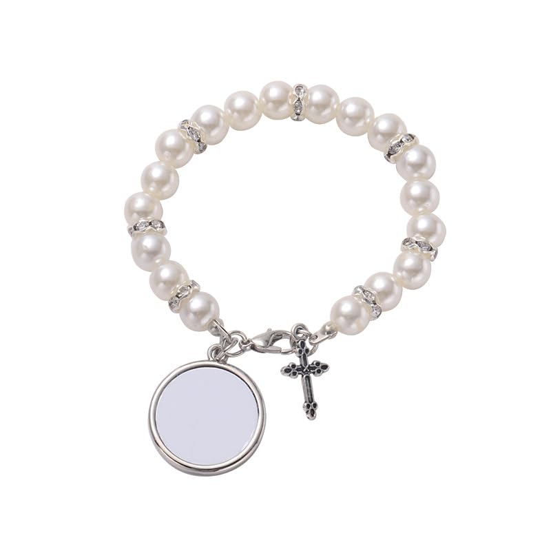 SCCFMM 16 pcs Sublimation Blank Rosary Bracelets for Baptism Imitation Pearl Rosary Beads Bracelets Cross Charm Memorial Photo Bracelet with DIY Heat Transfer for Jewelry Making