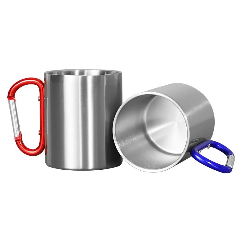 SCCFMM 3 Pack Sublimation Blank Stainless Steel Coffee Mugs With Carabiner Handle Camping Cup 10oz DIY Heat Transfer Print Double Walled Stainless Steel Camping Mug For Outdoor Travel Camp