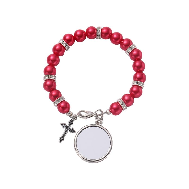 SCCFMM 16 pcs Sublimation Blank Rosary Bracelets for Baptism Imitation Pearl Rosary Beads Bracelets Cross Charm Memorial Photo Bracelet with DIY Heat Transfer for Jewelry Making