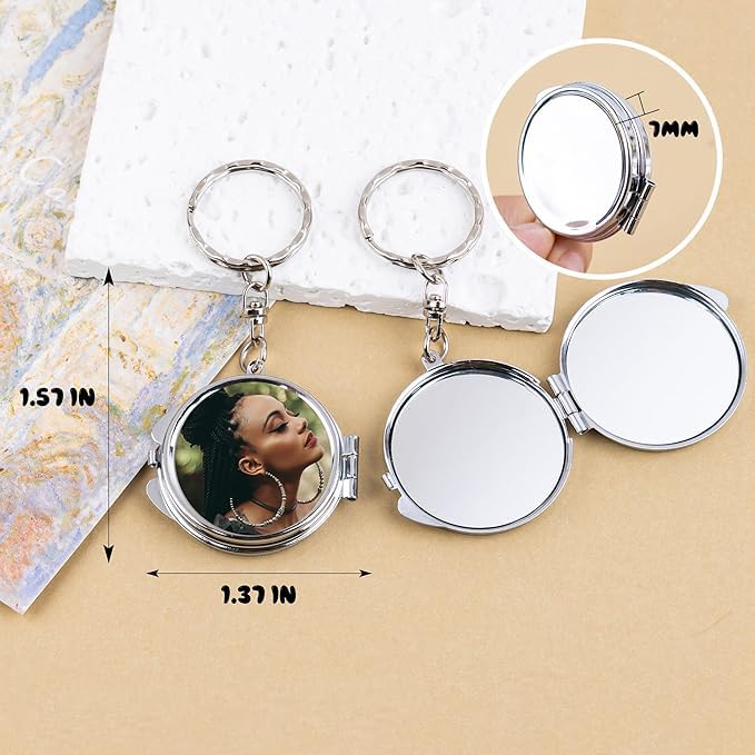 20 Pack Sublimation Blanks Pocket Mirror with Keychains DIY Heat Transfer Compact Travel Folding Mirrors for Makeup Gift Round Silver