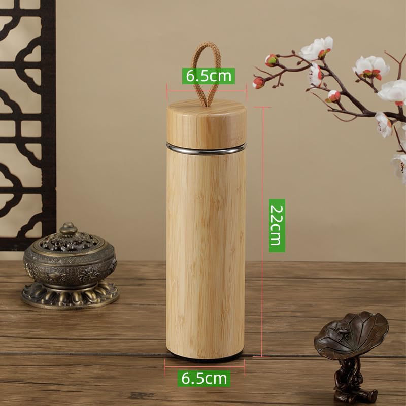16 oz Bamboo Water Bottle with Carrying Handle, Insulated Stainless Steel Thermos Travel Mug, Double Wall Tumbler for Hot/Cold Tea, Coffee, and Juices