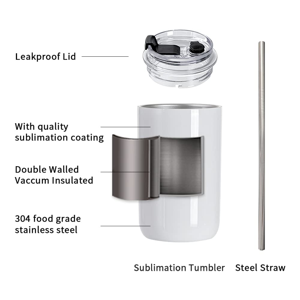 Sublimation Kids Tumblers Blanks 12 OZ White Tumbler Cups Stainless Steel Coffee to Go Travel Tumblers with Lid and Metal Straw for Tumbler Heat Press Sublimation Oven Print 4 Pack
