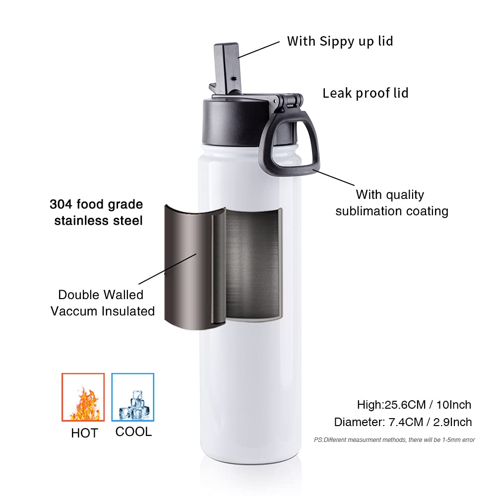 25 Pack Sublimation Water Bottle Sports Bulk Kids White 22 OZ Stainless Steel Tumbler Cups with Straw and Portable Handle for Tumbler Press Machine Sublimation Oven Print