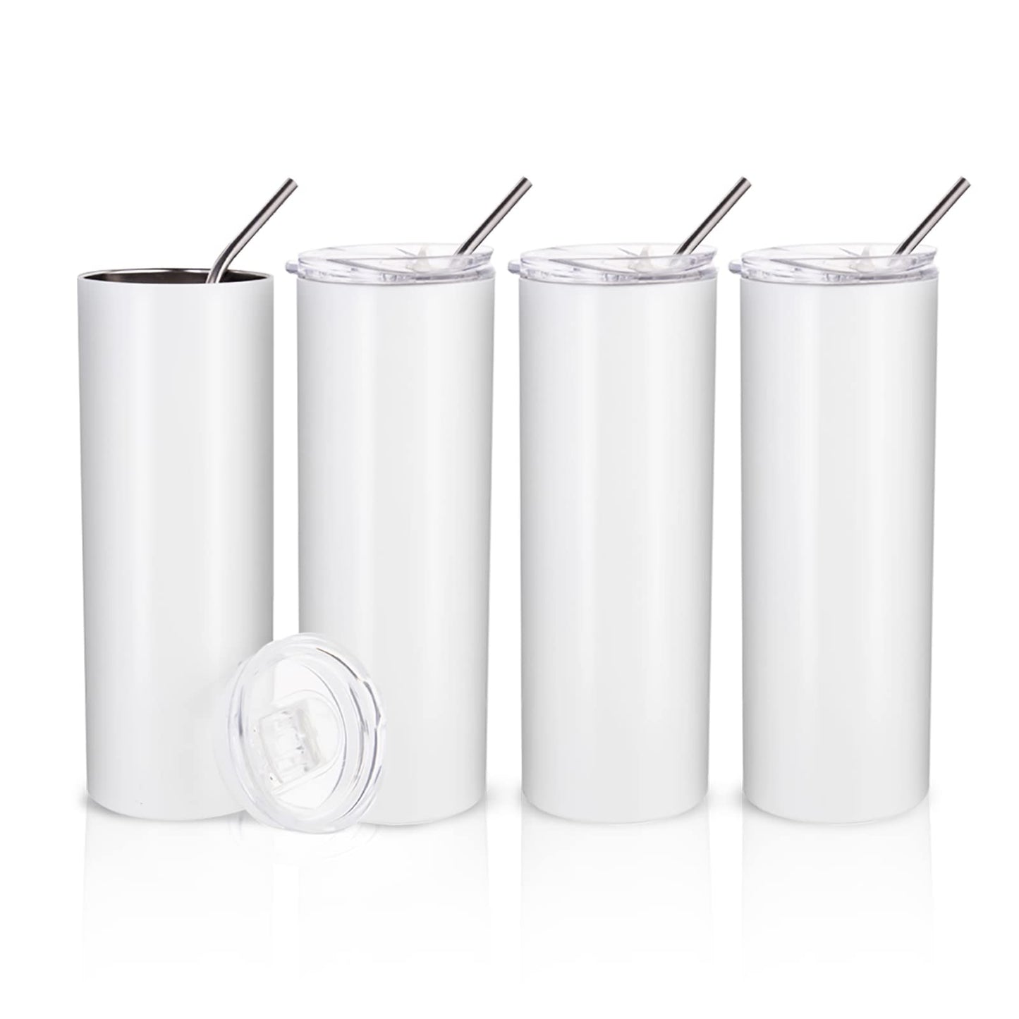 Sublimation Blanks Skinny Tumbler White 20 OZ Straight Stainless Steel with Metal Straw for Mug Tumbler Heat Press Machine Sublimation Printing 4 Pack