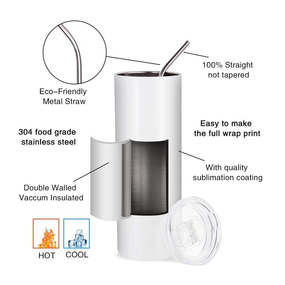 Sublimation Blanks Skinny Tumbler White 20 OZ Straight Stainless Steel with Metal Straw for Mug Tumbler Heat Press Machine Sublimation Printing 4 Pack