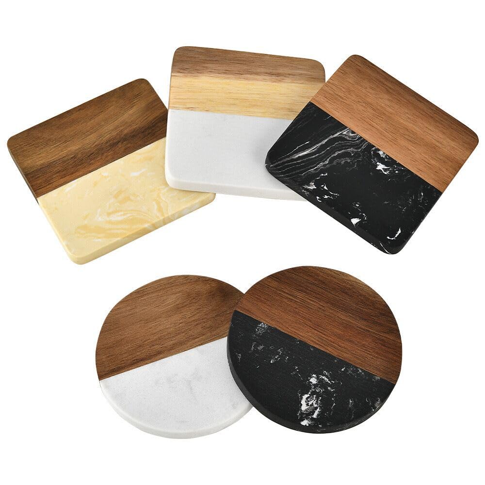 6 Pieces Marble & Wooden Coasters – Set of 6 Alabaster Marble and Wood Coasters, Ideal for Drinks, Beverage, Tea, Coffee, Bar Tables & Home Decor - Housewarming Gift for Laser Engrave (Round Black)