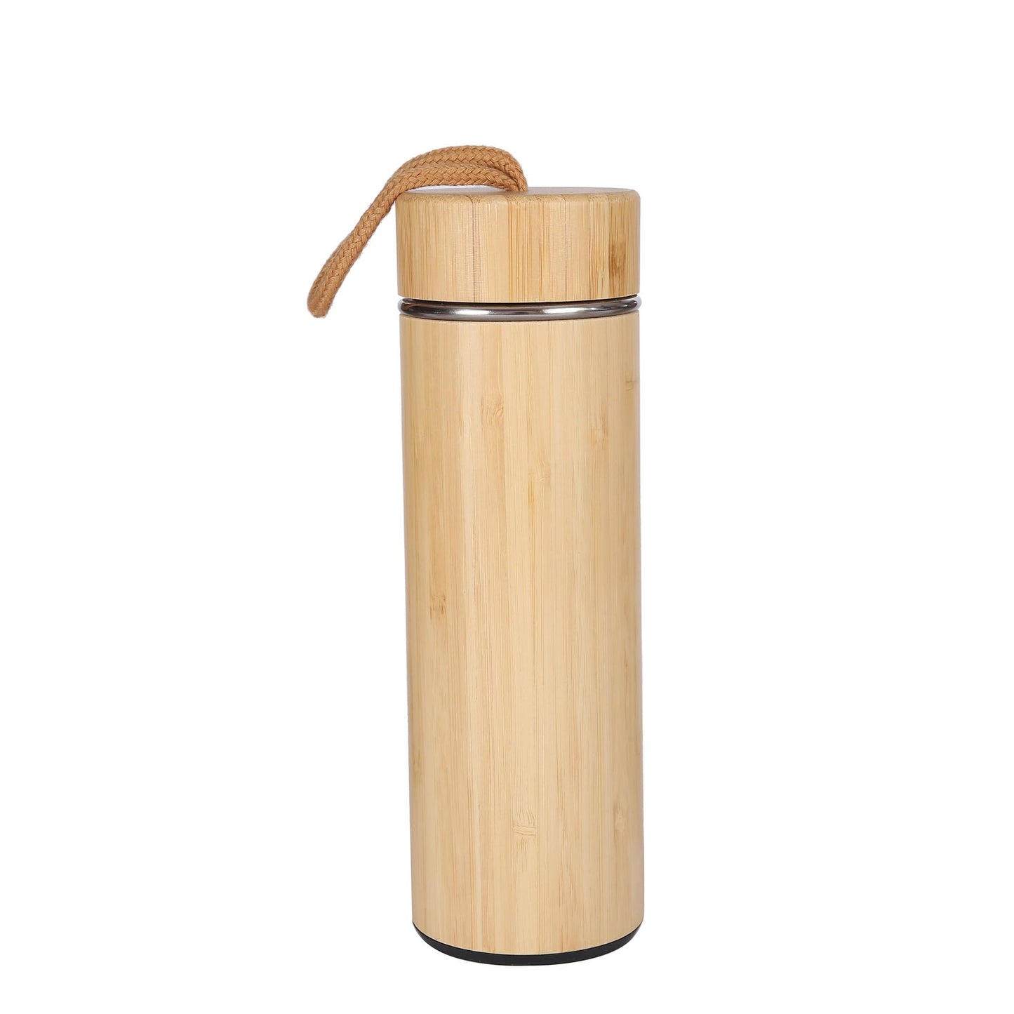 16 oz Bamboo Water Bottle with Carrying Handle, Insulated Stainless Steel Thermos Travel Mug, Double Wall Tumbler for Hot/Cold Tea, Coffee, and Juices