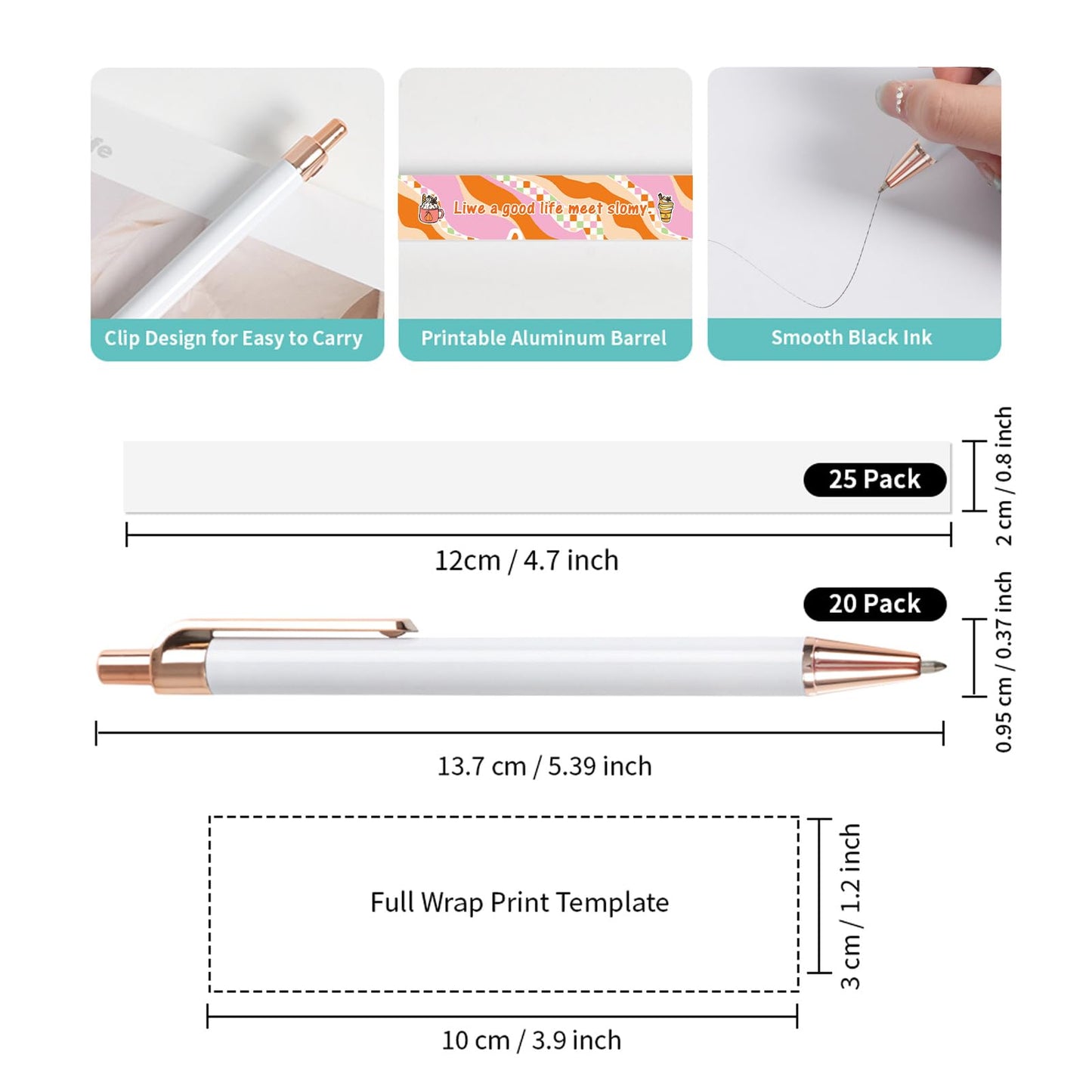 20pcs Sublimation Pens Blanks White Aluminum Ballpoint Pens with Rose Gold Clip and Come with 20 Pieces Shrink Wrap Films,DIY Personalized Pen for Office School Stationery Supplies