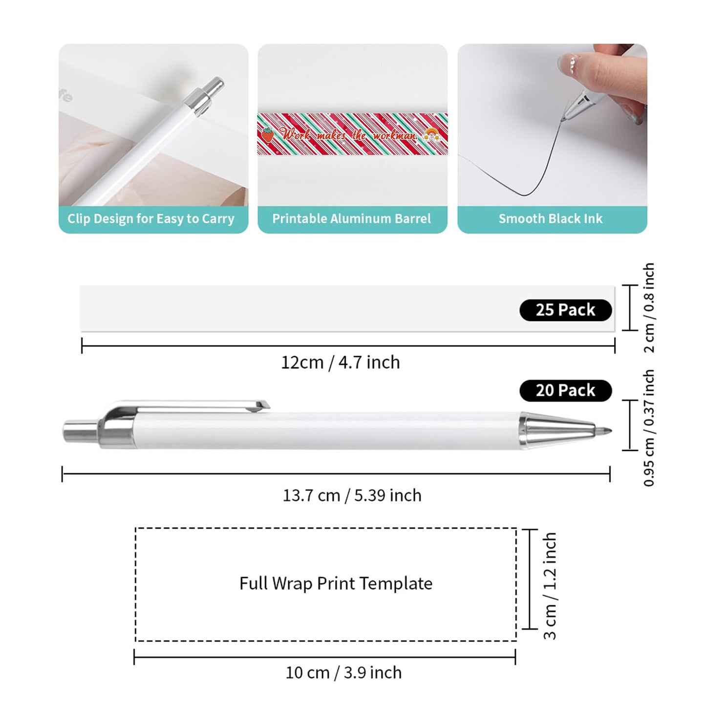 20 Pack Sublimation Pens Blanks White Aluminum Ballpoint Pens with Silver Clip and Come with 20 Pieces Shrink Wrap Films,DIY Personalized Pen for Office School Stationery Supplies