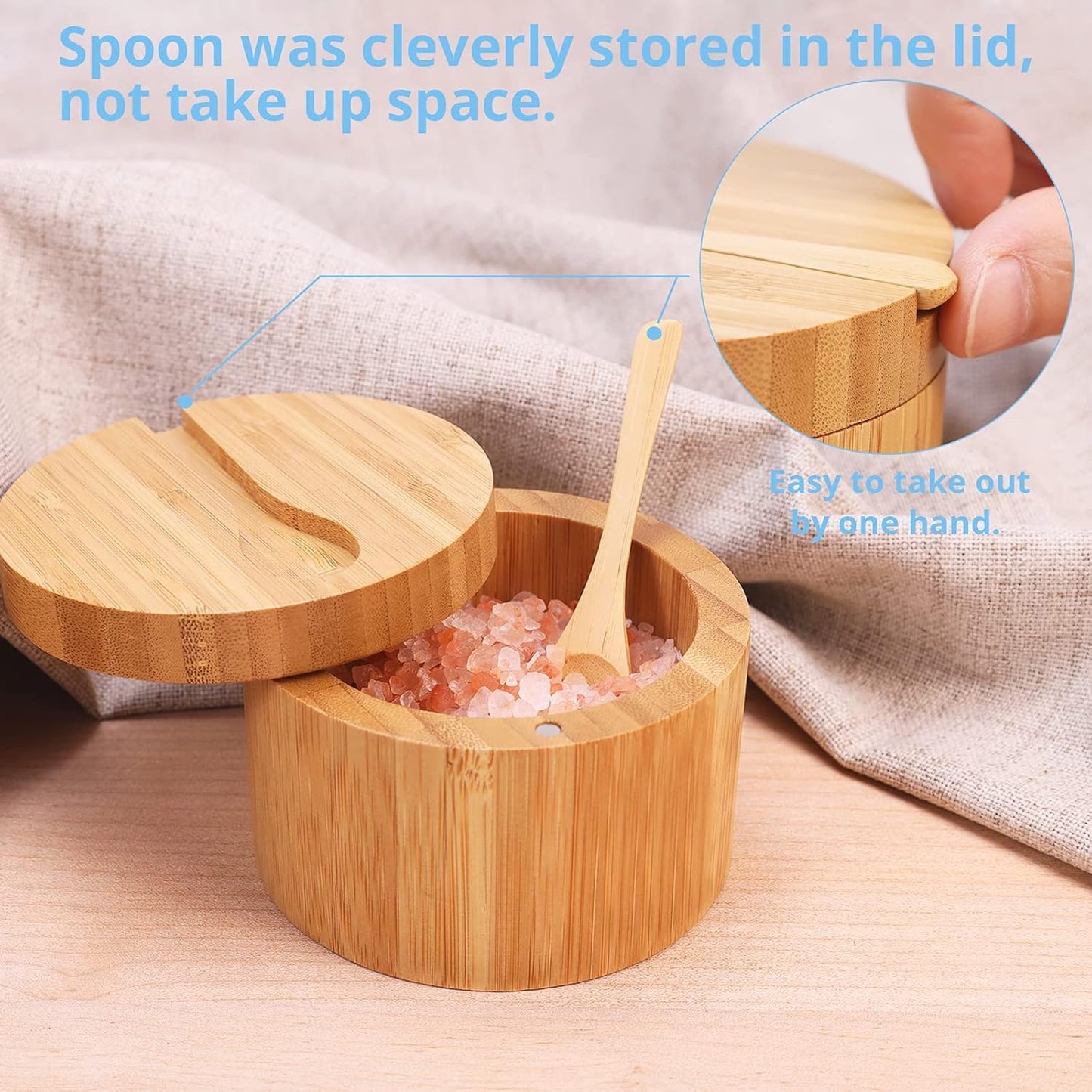 2 pieces 7.4 Ounce Bamboo Salt Cellar with Mini Spoon, Kitchen Salt Box with Swivel Magnetic Closure Lid, Round Salt Container to Storage Pepper Spice Bath