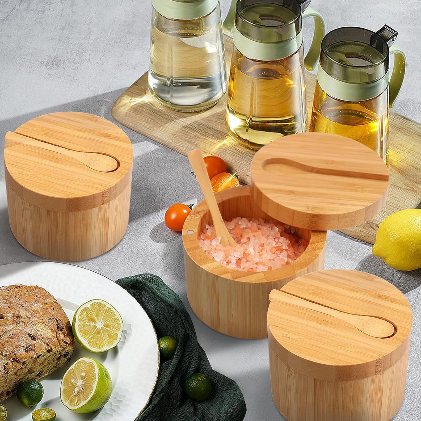 2 pieces 7.4 Ounce Bamboo Salt Cellar with Mini Spoon, Kitchen Salt Box with Swivel Magnetic Closure Lid, Round Salt Container to Storage Pepper Spice Bath