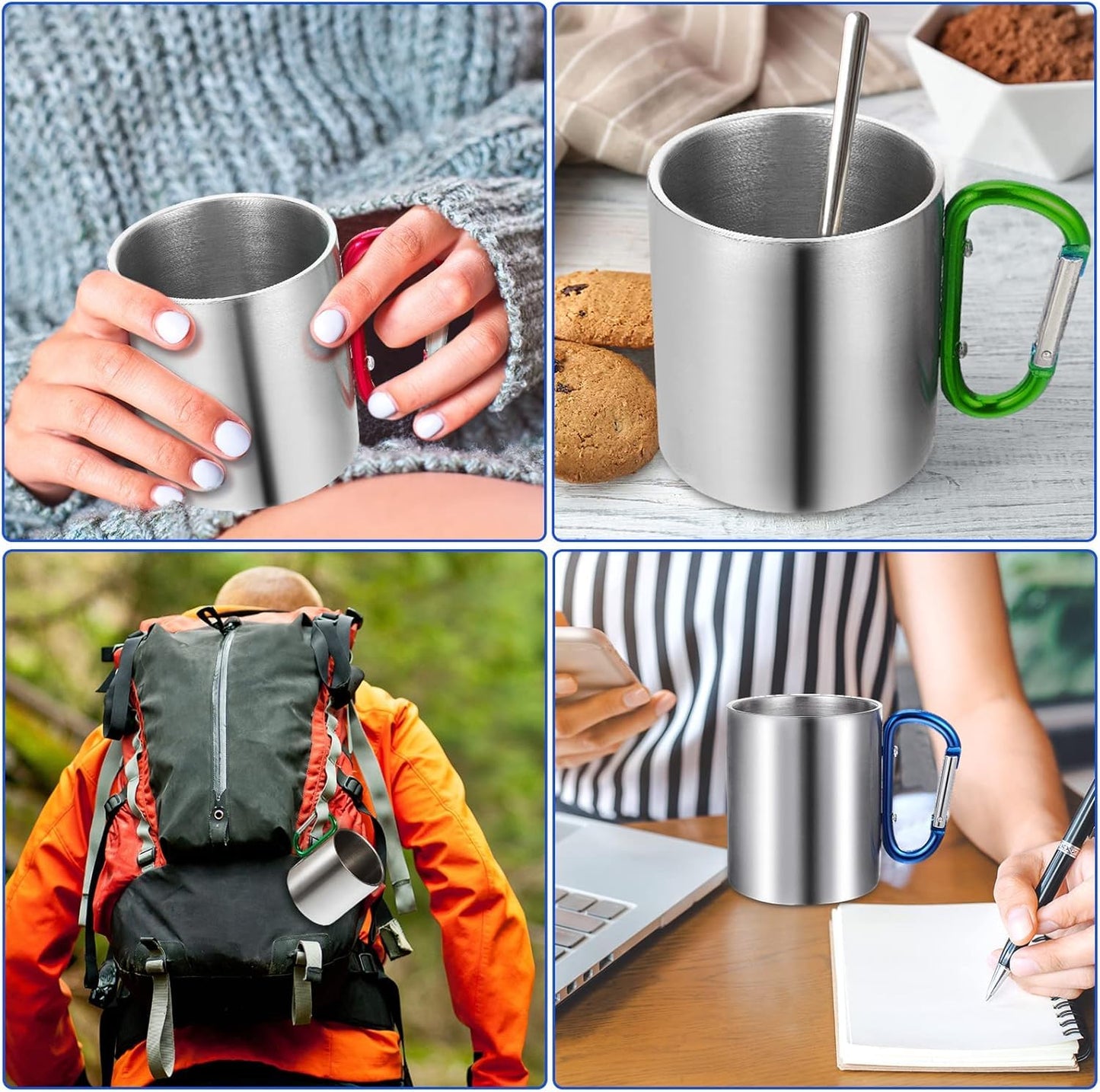 SCCFMM 3 Pack Sublimation Blank Stainless Steel Coffee Mugs With Carabiner Handle Camping Cup 10oz DIY Heat Transfer Print Double Walled Stainless Steel Camping Mug For Outdoor Travel Camp