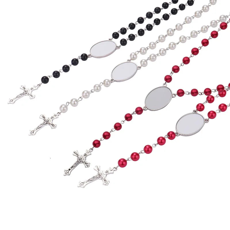 10pcs Sublimation Blank Rosary Necklace Cross Border Pendants Necklace Sublimation Blank Jewelry Necklace For DIY Printing Photo Name