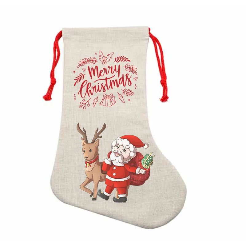 10pcs Christmas New Year Candy Bag Sublimation Linen Drawstring Gift Bag Xmas Tree Hanging Santa Socks Christmas Stockings Gift Bag