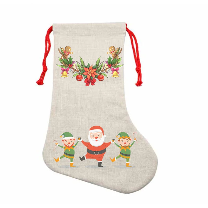 10pcs Christmas New Year Candy Bag Sublimation Linen Drawstring Gift Bag Xmas Tree Hanging Santa Socks Christmas Stockings Gift Bag