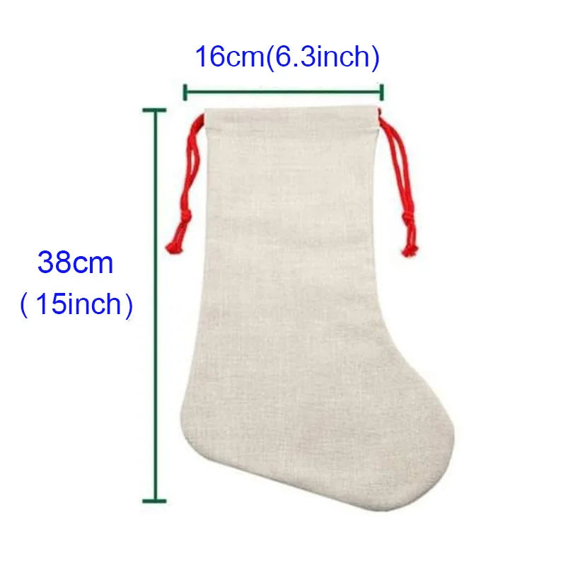 10pcs Christmas New Year Candy Bag Sublimation Linen Drawstring Gift Bag Xmas Tree Hanging Santa Socks Christmas Stockings Gift Bag