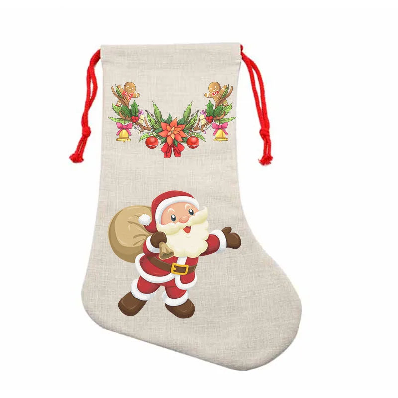 10pcs Christmas New Year Candy Bag Sublimation Linen Drawstring Gift Bag Xmas Tree Hanging Santa Socks Christmas Stockings Gift Bag