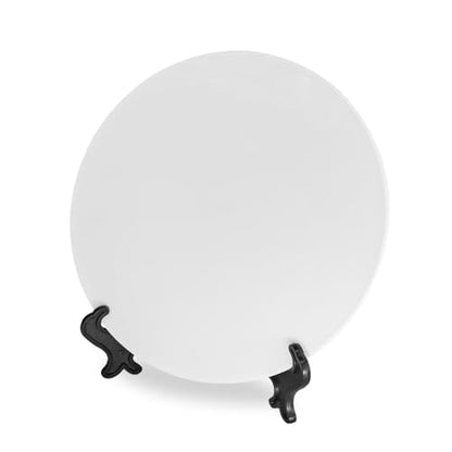 4 Pack Sublimation Blanks White Plastic Flat Plate with Stand, Diy Heat Transfer Print Plastic Dish Plates,8 inch/10 inch Round Dessert or Salad Plate For Home Decoration (8 inch)