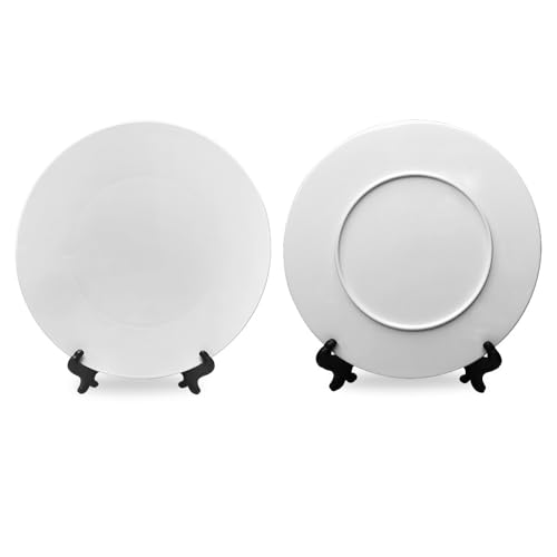 4 Pack Sublimation Blanks White Plastic Flat Plate with Stand, Diy Heat Transfer Print Plastic Dish Plates,8 inch/10 inch Round Dessert or Salad Plate For Home Decoration (8 inch)