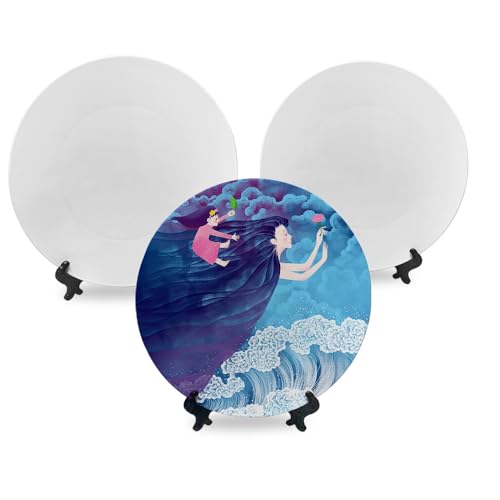 4 Pack Sublimation Blanks White Plastic Flat Plate with Stand, Diy Heat Transfer Print Plastic Dish Plates,8 inch/10 inch Round Dessert or Salad Plate For Home Decoration (8 inch)