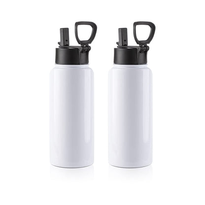 2 Pack Sublimation Blank Tumbler 32 OZ White Vacuum Flask Stainless Steel Sports Wide Mouth Water Bottle with Straw and Portable Handle