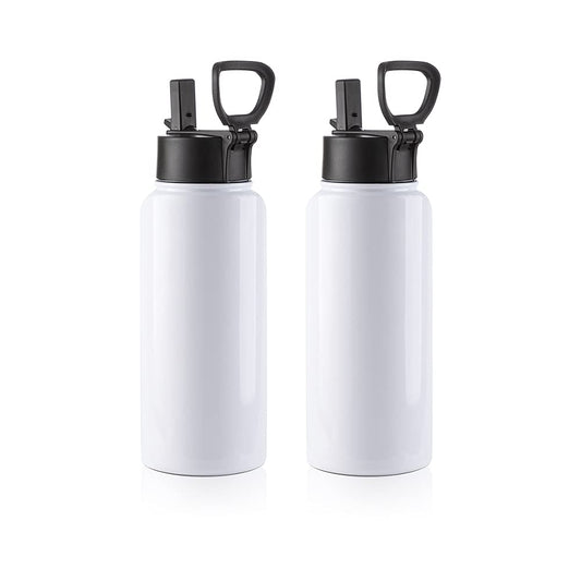 2 Pack Sublimation Blank Tumbler 32 OZ White Vacuum Flask Stainless Steel Sports Wide Mouth Water Bottle with Straw and Portable Handle