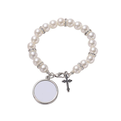 SCCFMM 16 pcs Sublimation Blank Rosary Bracelets for Baptism Imitation Pearl Rosary Beads Bracelets Cross Charm Memorial Photo Bracelet with DIY Heat Transfer for Jewelry Making