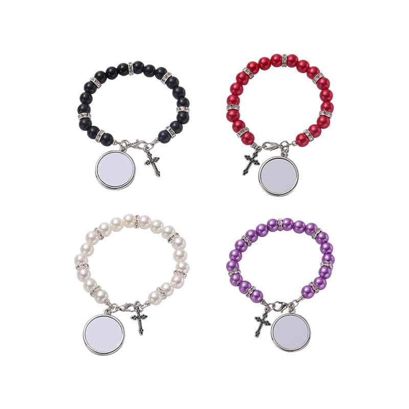 SCCFMM 16 pcs Sublimation Blank Rosary Bracelets for Baptism Imitation Pearl Rosary Beads Bracelets Cross Charm Memorial Photo Bracelet with DIY Heat Transfer for Jewelry Making