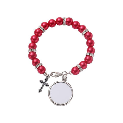 SCCFMM 16 pcs Sublimation Blank Rosary Bracelets for Baptism Imitation Pearl Rosary Beads Bracelets Cross Charm Memorial Photo Bracelet with DIY Heat Transfer for Jewelry Making
