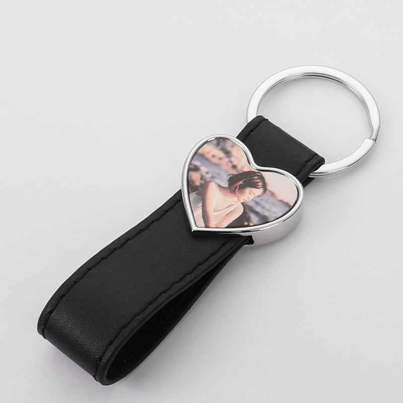40 Pack Leather Sublimation Blanks PU Leather Keychain with Metal Square Rectangle Heart Round Shape DIY Heat Transfer Blank Tray Key Chain for DIY Crafts Photo Black