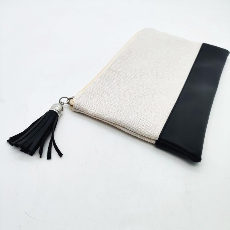 SCCFMM 20 Pack Sublimation Blank Linen Makeup Bags With Tassels Sublimation Blanks Cosmetic Bags Pu Bottom, DIY Heat Transfer Linen Pen Case Pencil Bags,Travel Toiletry Zipper Bags