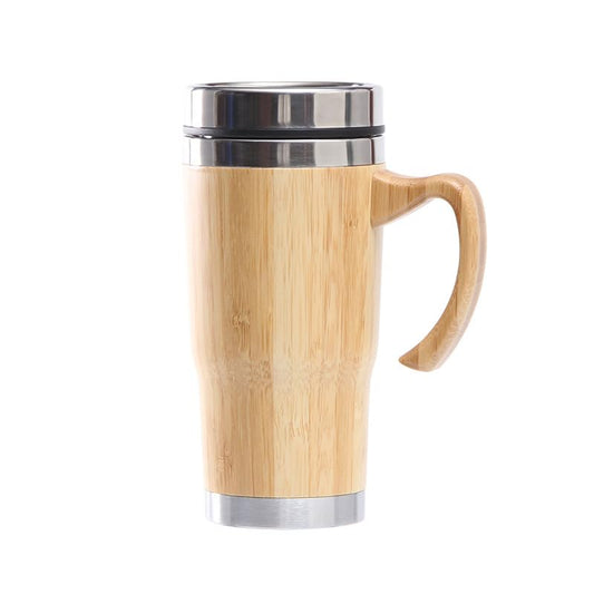 18oz Premium Bamboo Tumbler with Handle - Vacuum Insulated Thermos for Tea, Coffee - Bamboo Stainless Portable Thermal Travel Handle Mug Bottle For Office