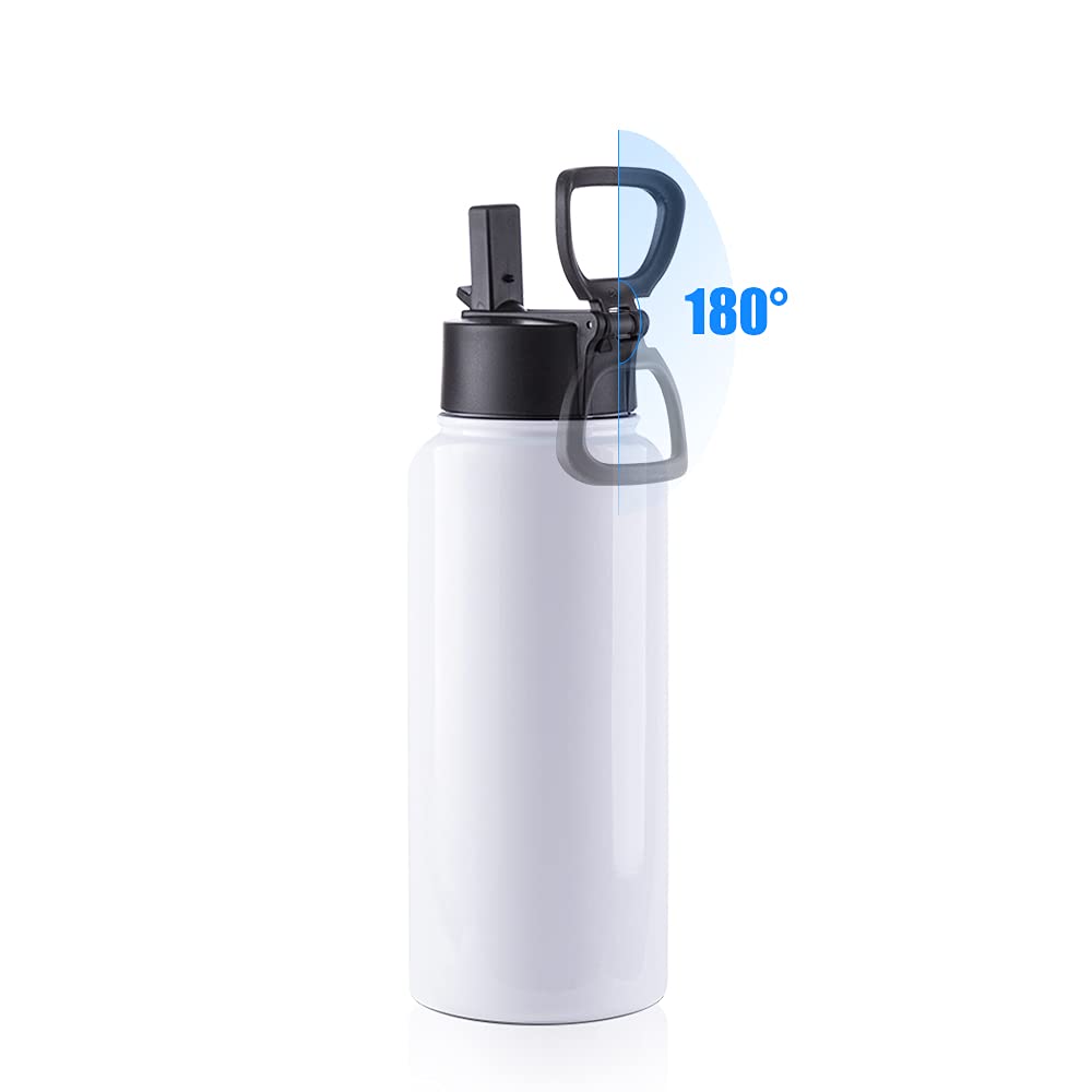 2 Pack Sublimation Blank Tumbler 32 OZ White Vacuum Flask Stainless Steel Sports Wide Mouth Water Bottle with Straw and Portable Handle