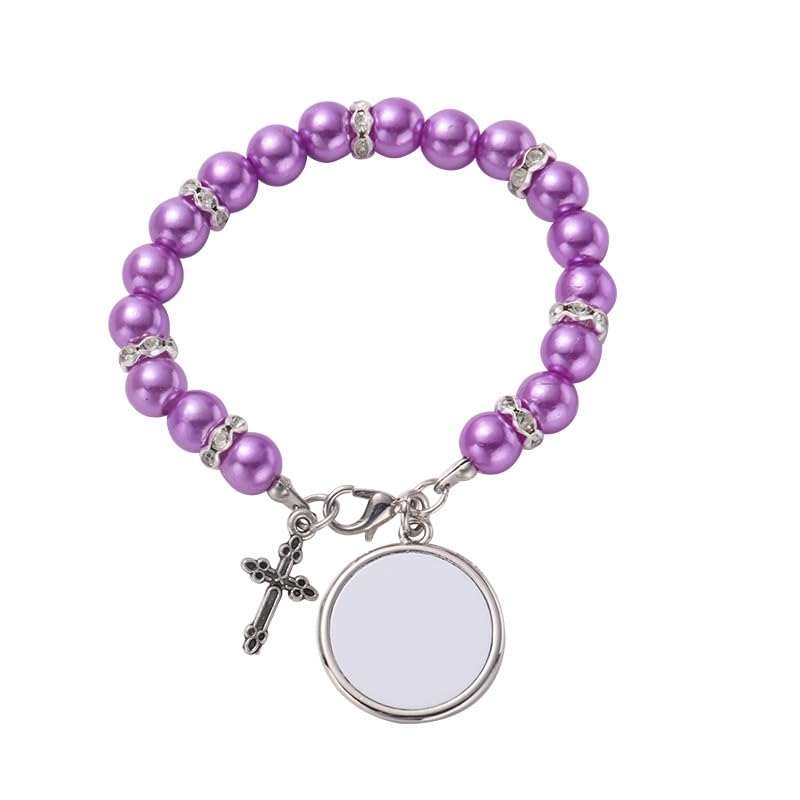 SCCFMM 16 pcs Sublimation Blank Rosary Bracelets for Baptism Imitation Pearl Rosary Beads Bracelets Cross Charm Memorial Photo Bracelet with DIY Heat Transfer for Jewelry Making