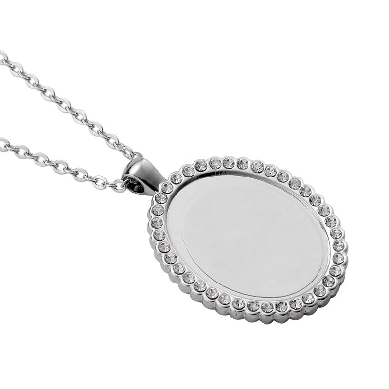 50 Set Sublimation Rhinestone Trays Pendant Necklace Chain Set, Including 25 set Oval Shape Blank Rhinestone Bezel Trays, 25 set Heart Shape Thick Chains with 50 Sublimation Discs for DIY Heat Transfer Print