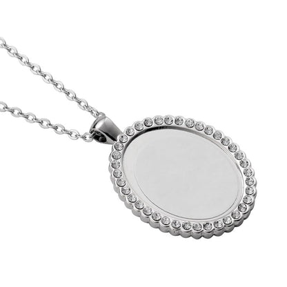 50 Set Sublimation Rhinestone Trays Pendant Necklace Chain Set, Including 25 set Oval Shape Blank Rhinestone Bezel Trays, 25 set Heart Shape Thick Chains with 50 Sublimation Discs for DIY Heat Transfer Print