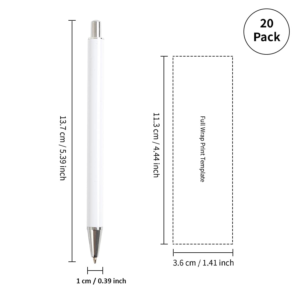 20 Pack Sublimation Pens Blanks No Clip Bulk White with 20 Pieces Shrink Wrap Films, DIY Personalized Ballpoint Pen by Heat Press Sublimation Oven