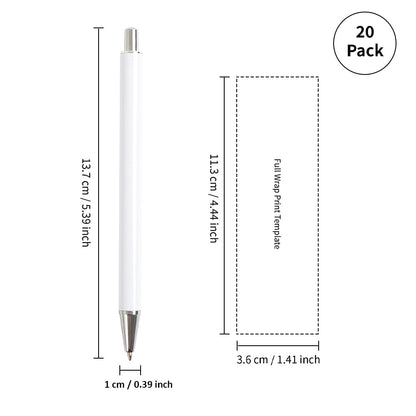 20 Pack Sublimation Pens Blanks No Clip Bulk White with 20 Pieces Shrink Wrap Films, DIY Personalized Ballpoint Pen by Heat Press Sublimation Oven