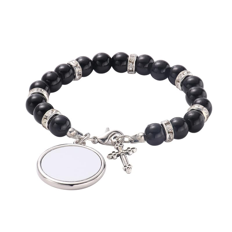 SCCFMM 16 pcs Sublimation Blank Rosary Bracelets for Baptism Imitation Pearl Rosary Beads Bracelets Cross Charm Memorial Photo Bracelet with DIY Heat Transfer for Jewelry Making