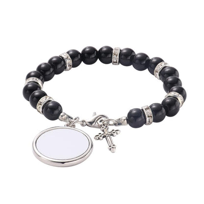 SCCFMM 16 pcs Sublimation Blank Rosary Bracelets for Baptism Imitation Pearl Rosary Beads Bracelets Cross Charm Memorial Photo Bracelet with DIY Heat Transfer for Jewelry Making