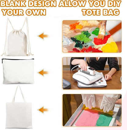 SCCFMM 5 Pack Sublimation Blank DIY Polyester Drawstring Bag Tote Bags + Cosmetic Bag set, Reusable Grocery Shopping Fashionable Cloth Bags Makeup Gym Drawstring Bag for Heat Transfer Print