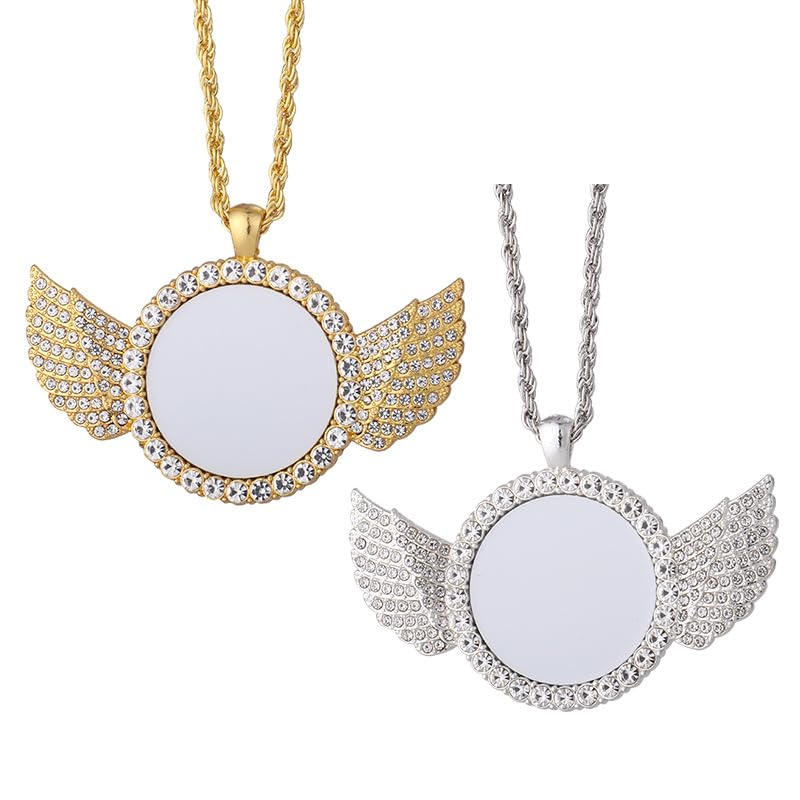 20pcs Sublimation Blank Necklace with Chain Set Blank Necklace Rhinestone Wing Shape Bezel Pendant Tray, 10 styles Sublimation Sheet, Tape Charms Ornament for DIY Heat Transfer Print