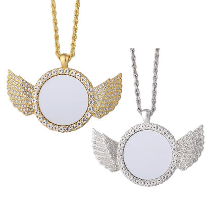 20pcs Sublimation Blank Necklace with Chain Set Blank Necklace Rhinestone Wing Shape Bezel Pendant Tray, 10 styles Sublimation Sheet, Tape Charms Ornament for DIY Heat Transfer Print