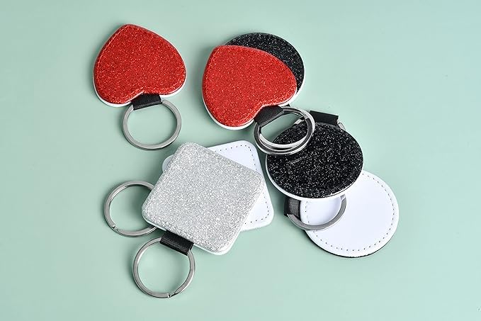70 PCS Sublimation Blank Sequin Keychain PU Leather Sublimation Print Keychains DIY Heat Transfer Print Keyring for Gift (round)