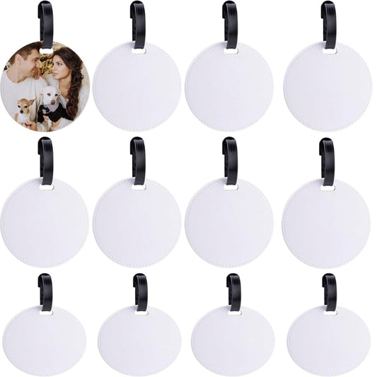 30 Pack Round Sublimation Blank Luggage Tags Label Tag Double Sided PU Leather Travel Bag Baggage Tags with Strap for Travel Suitcase Bags