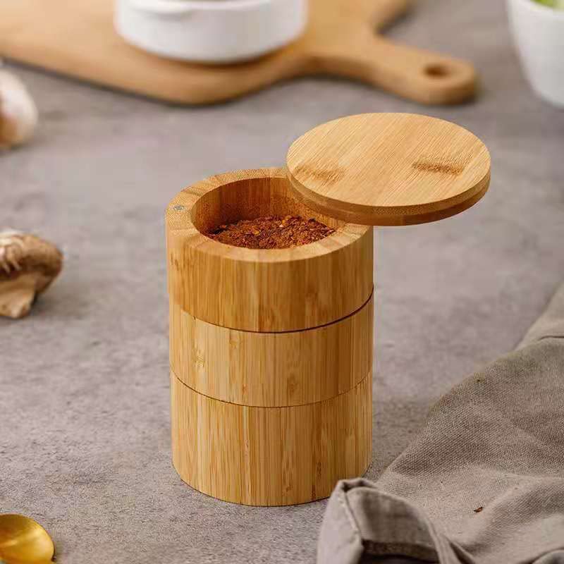 3-Tier Bamboo Salt Cellar with Magnetic Lid - Kitchen Salt Box with Swivel Magnetic Closure Lid Ideal for Celtic Sea Salt, Redmond Real Salt and Pepper Bowls