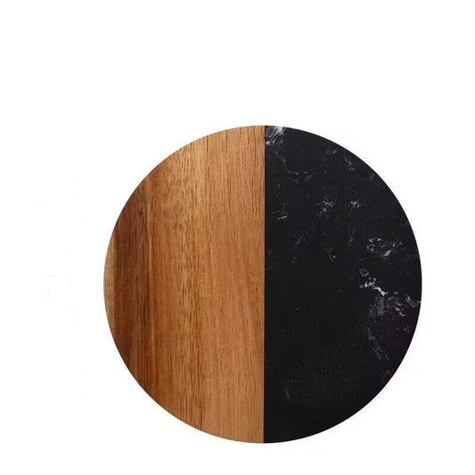 6 Pieces Marble & Wooden Coasters – Set of 6 Alabaster Marble and Wood Coasters, Ideal for Drinks, Beverage, Tea, Coffee, Bar Tables & Home Decor - Housewarming Gift for Laser Engrave (Round Black)